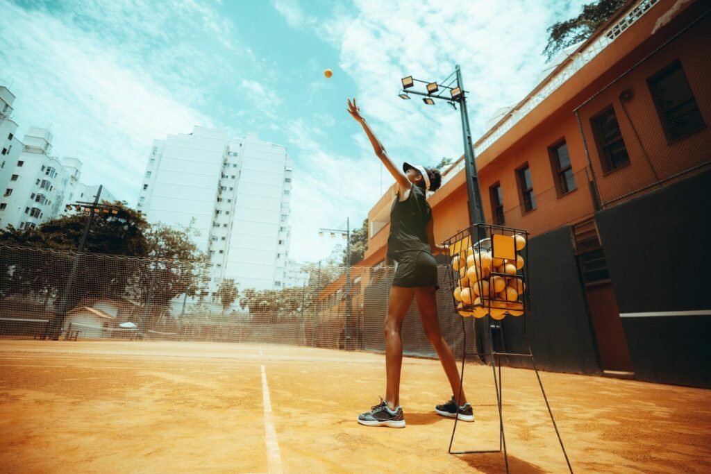 A girl training on a tennis court