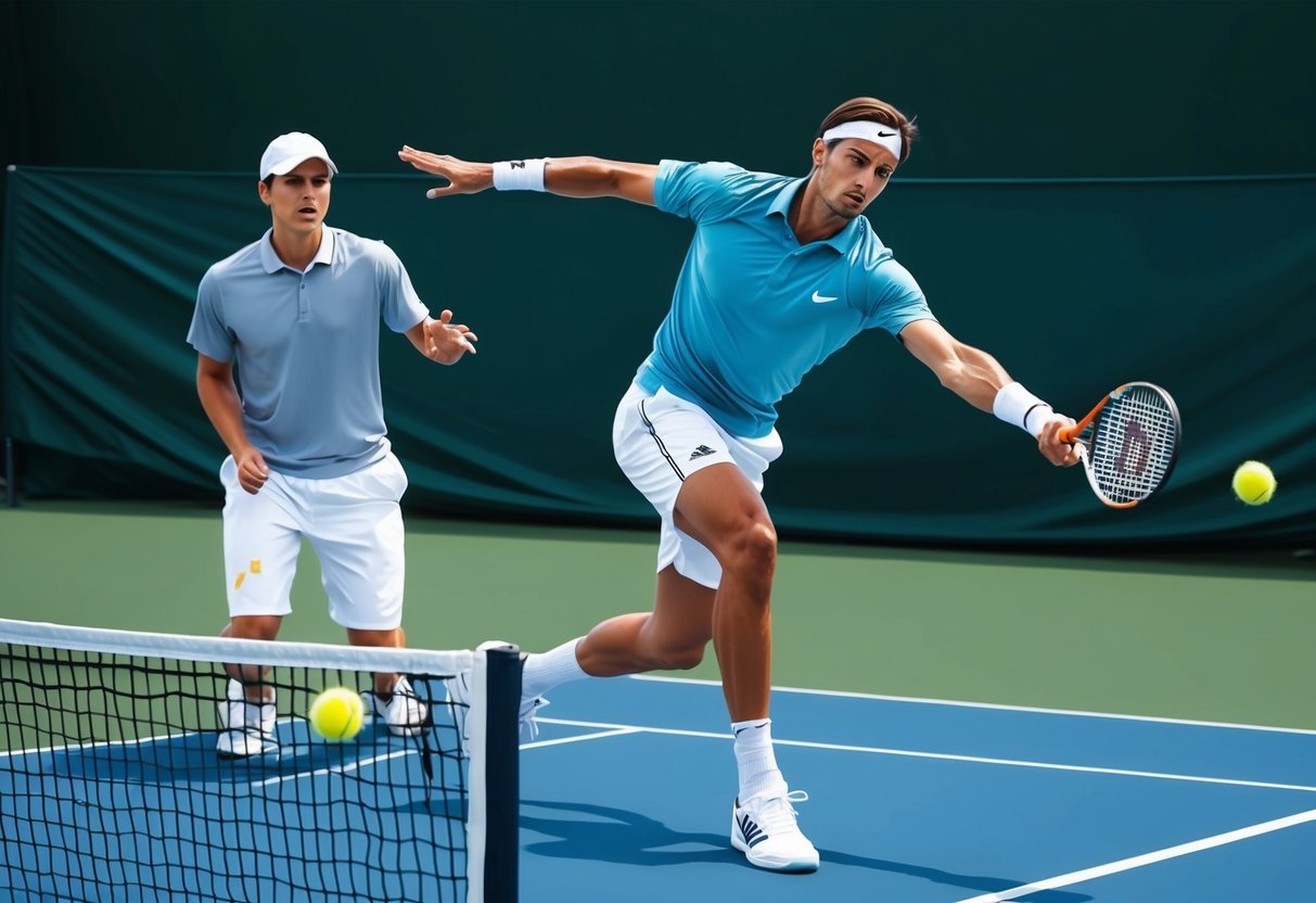 Ein Tennisspieler, der einen kraftvollen und unerwarteten Aufschlag ausführt und den Gegner überrascht.