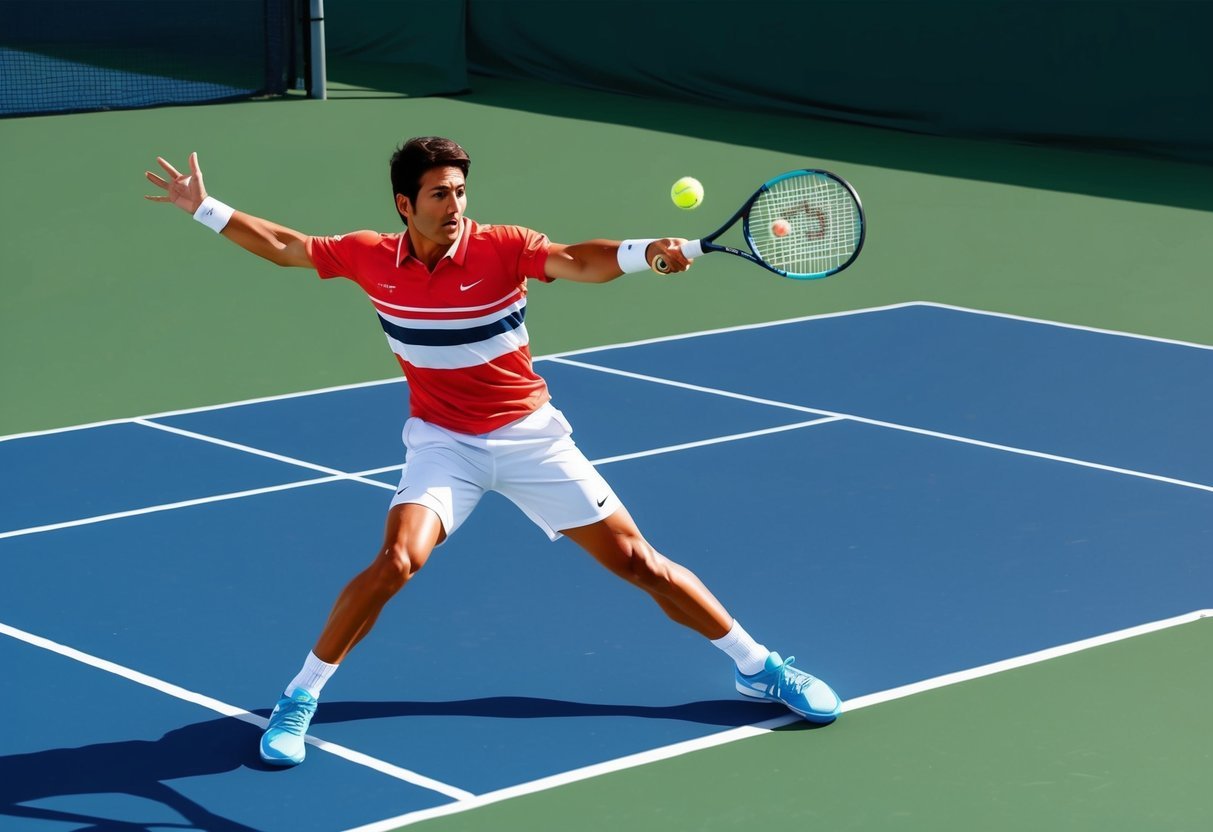 Ein Tennisspieler führt einen kraftvollen und präzisen Spezialschlag aus, der den Ball mit Geschwindigkeit und Genauigkeit über das Feld sendet und seinen Gegner unvorbereitet trifft.
