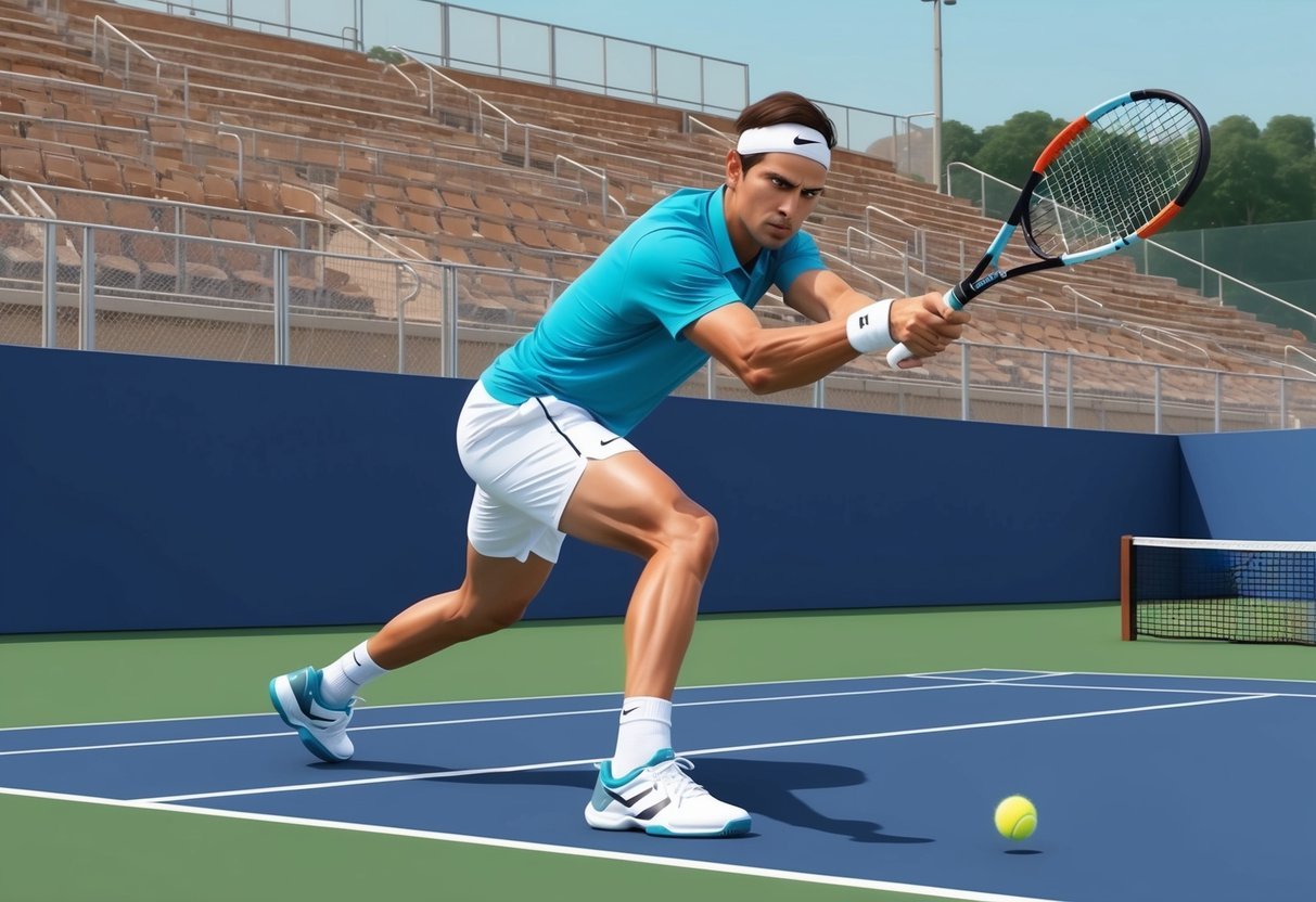 Ein Tennisspieler führt einen fortgeschrittenen Schlag aus und verwendet spezielle Techniken, um ein Überraschungselement im Spiel zu schaffen.