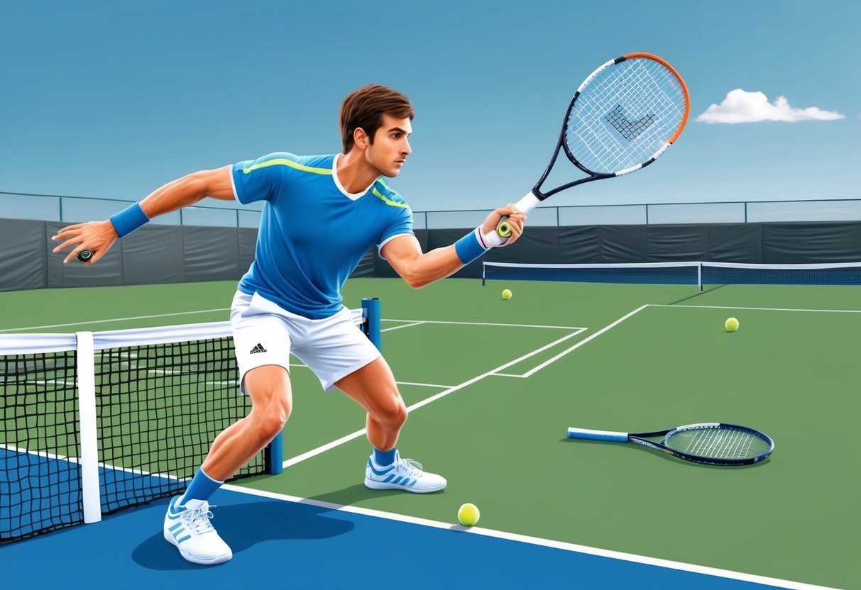 Ein Tennisspieler, der Strategien entwickelt und spezielle Schläge auf dem Platz vorbereitet, mit dem Ziel, Überraschungstaktiken während eines Spiels zu nutzen.