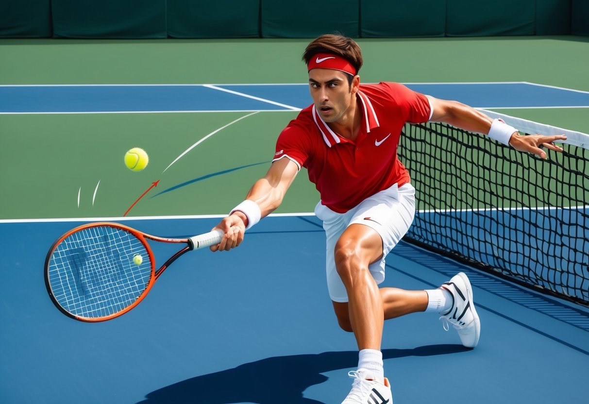 Ein Tennisspieler, der einen Überraschungsschlag ausführt und seinen Gegner unvorbereitet erwischt.