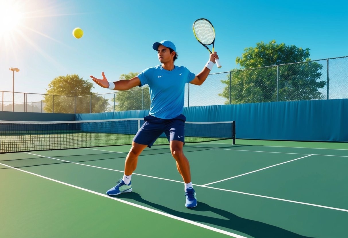 Ein Tennisspieler, der auf einem sonnenbeschienenen Platz fortgeschrittene Übungen absolviert, führt kraftvolle Aufschläge und präzise Grundschläge mit fokussierter Entschlossenheit aus.