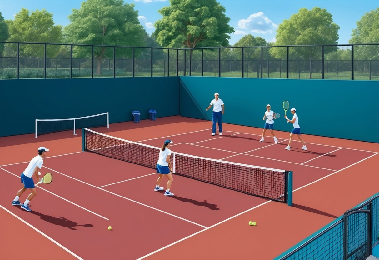 Ein Tennisplatz mit fortschrittlicher Ausstattung und Spielern, die unter Anleitung eines Trainers fortgeschrittene Techniken üben.