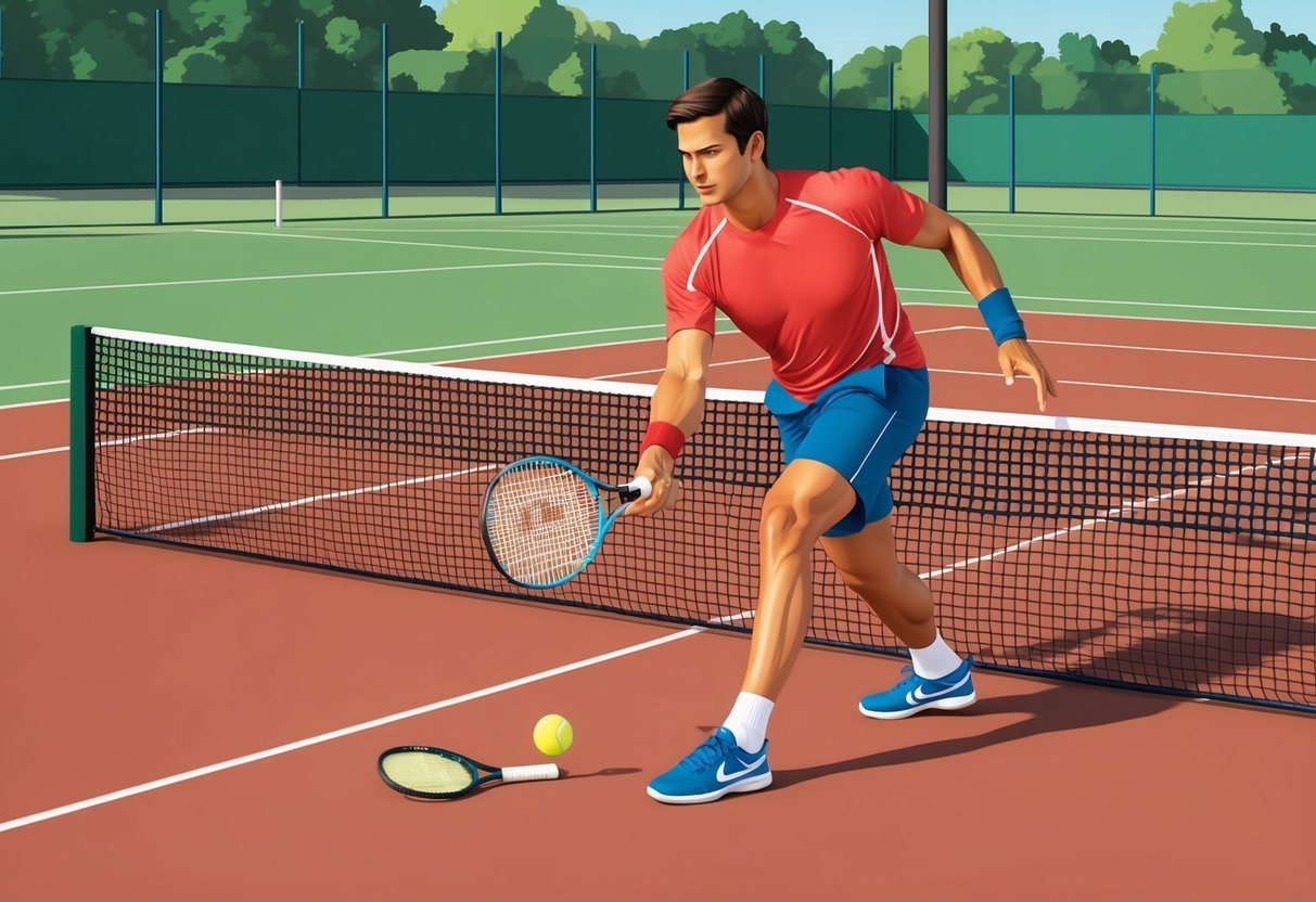 Ein Tennisspieler, der fortgeschrittene Übungen durchführt, um die Fitness zu verbessern und die Ausdauer auf einem sonnigen Außenplatz zu steigern.