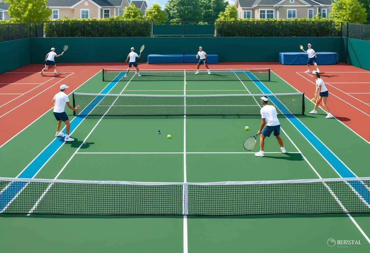 Ein Tennisplatz mit fortgeschrittenen Spielern, die strategische Übungen und Spielsituationen trainieren, um ihr Spiel auf die nächste Stufe zu heben.