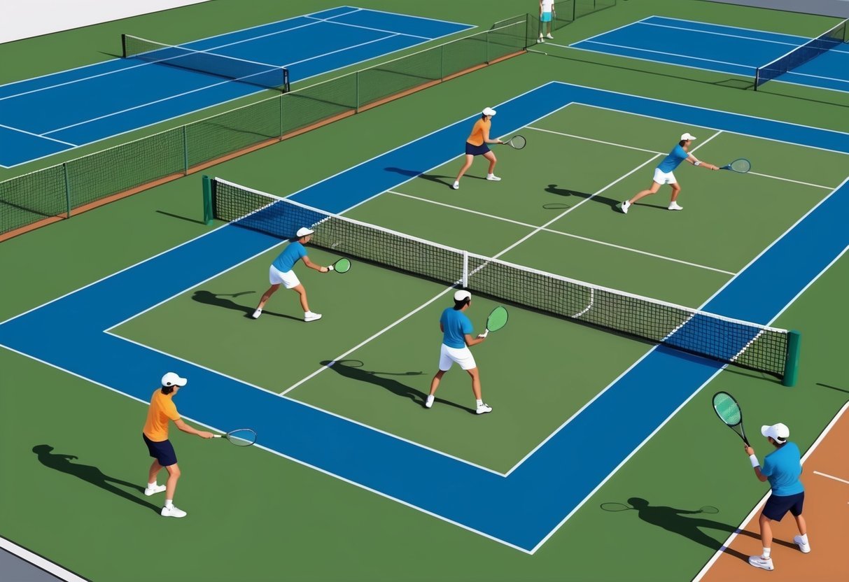 Ein Tennisplatz mit fortgeschrittenen Spielern, die spezialisierte Schläge üben und sich darauf konzentrieren, ihr Spiel auf das nächste Level zu verbessern.