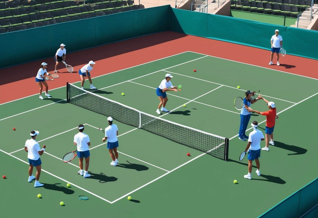 Ein Tennisplatz mit fortgeschrittenen Spielern, die Übungen machen und Tipps von Profis erhalten, um ihr Spiel zu verbessern.
