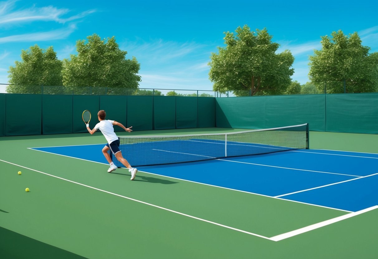 Ein Tennisplatz mit einem Spieler, der läuft, um einen Ball zurückzuspielen, umgeben von Grün und einem klaren blauen Himmel.