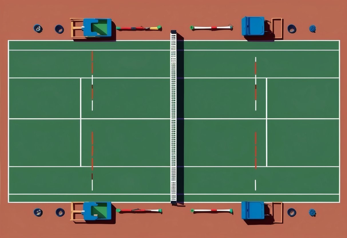 Ein Tennisplatz mit verschiedenen Trainingsgeräten und Markierungen für das Konditions- und Ausdauertraining