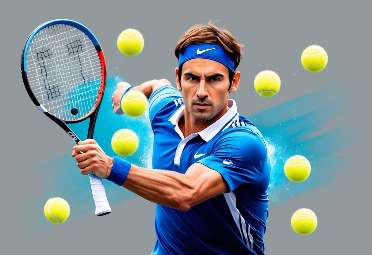 Ein Tennisspieler visualisiert einen erfolgreichen Aufschlag, umgeben von schwebenden Tennisbällen und mit einem konzentrierten, entschlossenen Ausdruck.
