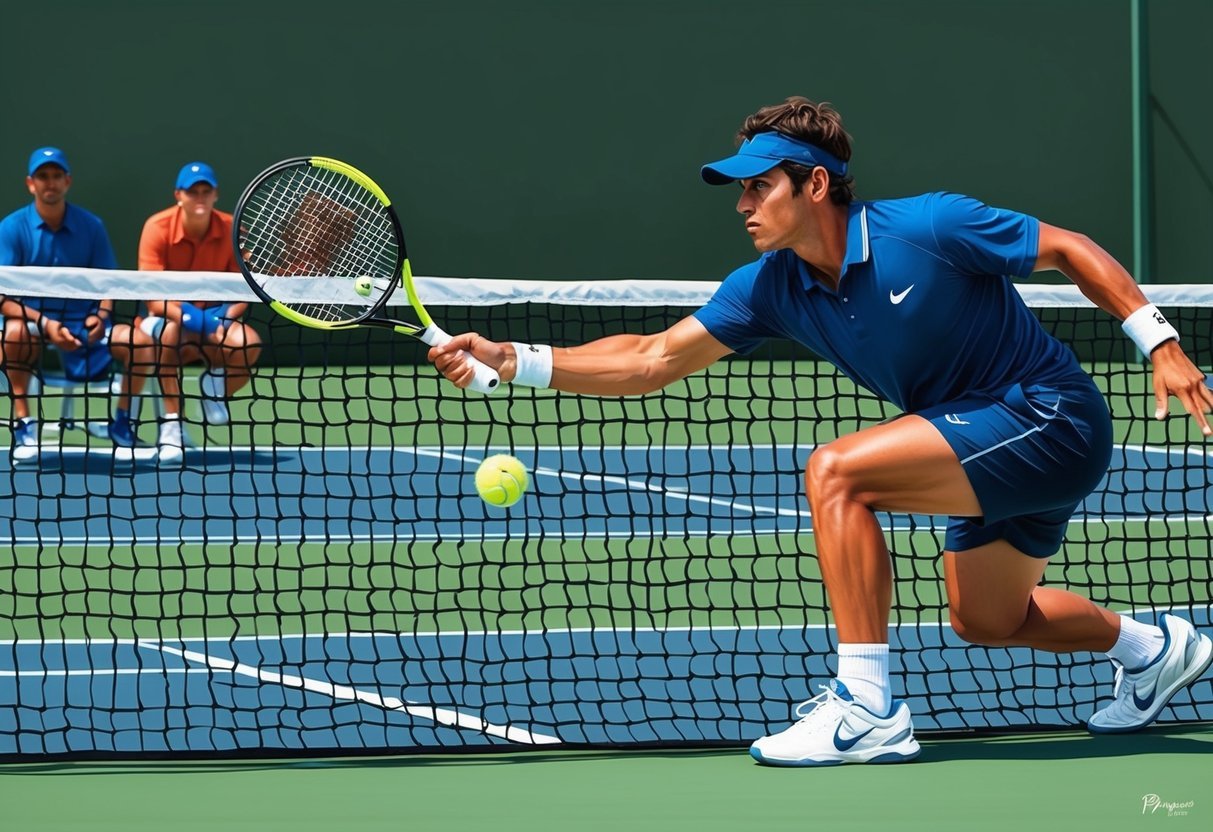 Ein Tennisspieler visualisiert seine Strategie, wobei Fokus und Entschlossenheit in seiner Haltung offensichtlich sind.