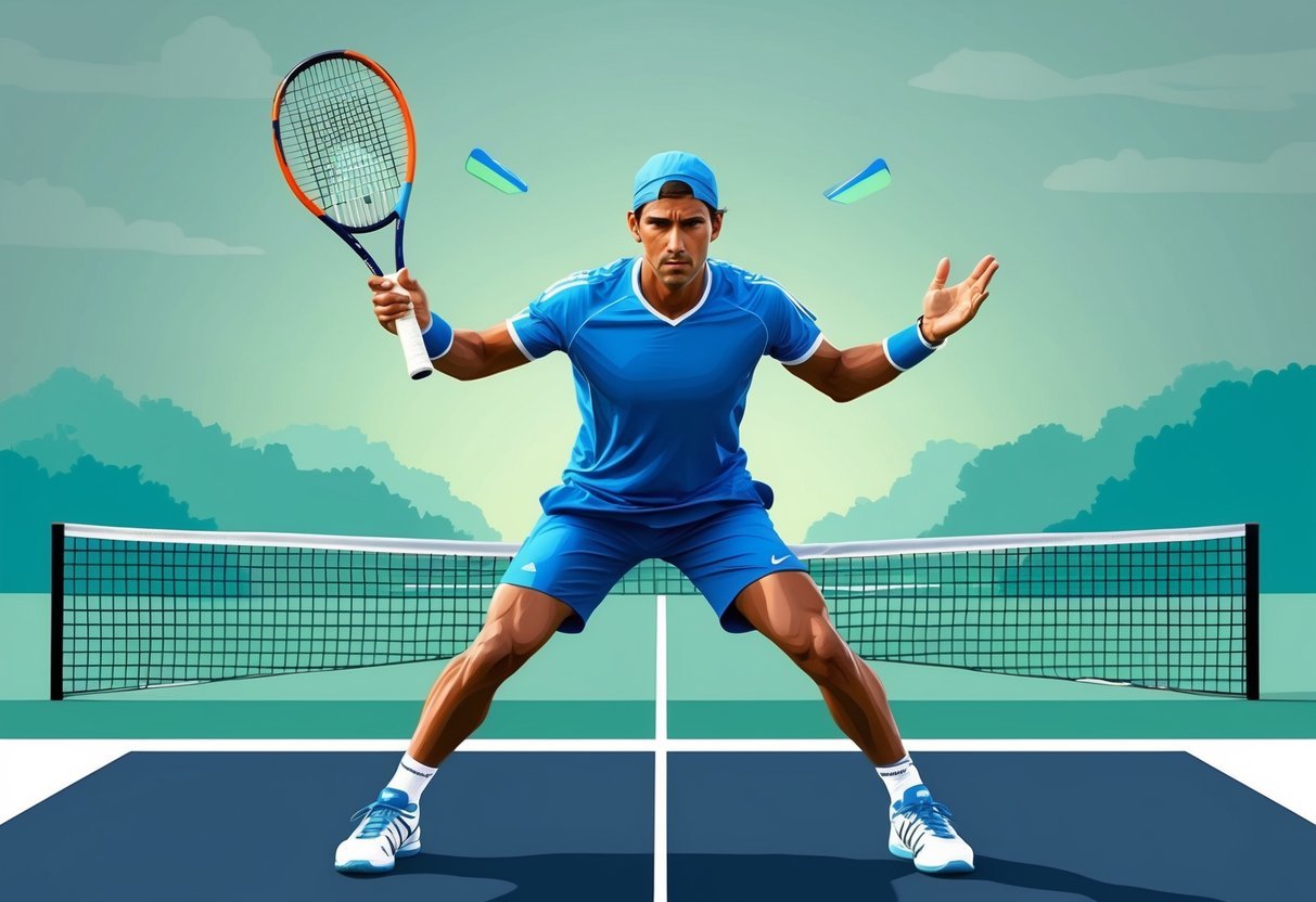 Ein Tennisspieler visualisiert und konzentriert sich intensiv, umgeben von einer ruhigen, friedlichen Umgebung, während er mentales Training und Konzentrationsübungen praktiziert.