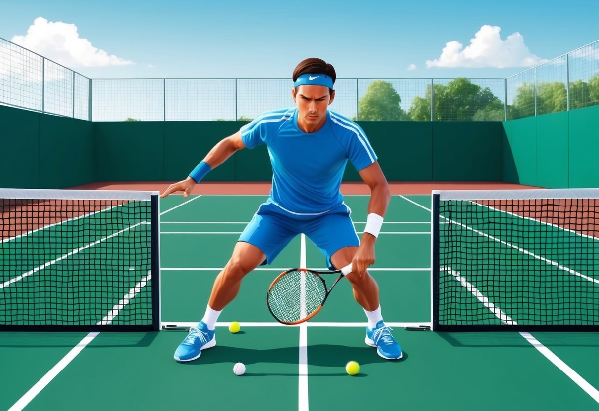 Ein Tennisspieler bereitet sich mental vor und übt Konzentrationsübungen auf dem Platz, um sich einen geheimen Vorteil im Spiel zu verschaffen.