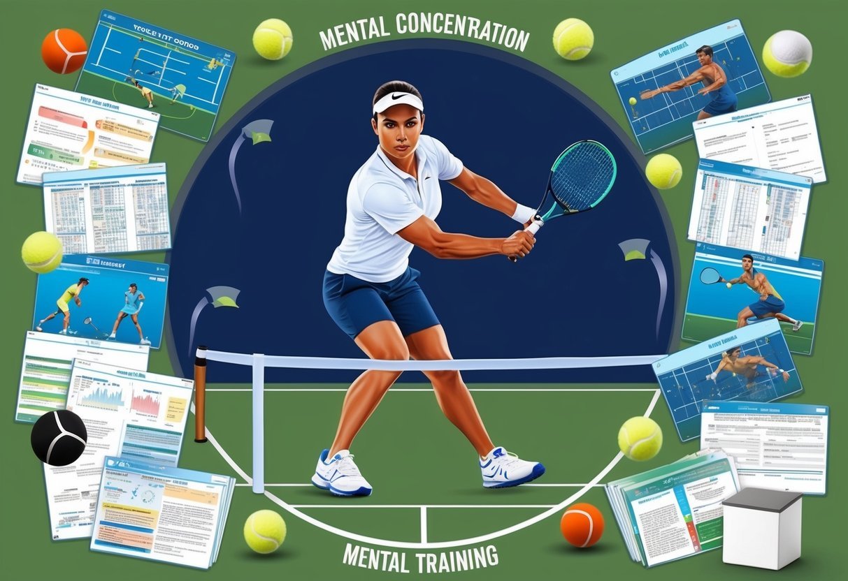 Ein Tennisspieler visualisiert seine Schläge, umgeben von fokussierten Konzentrationsübungen und mentalen Trainingsmaterialien.