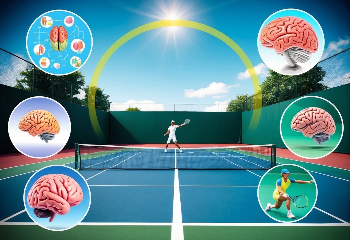 Ein Tennisplatz mit einem Spieler im Hintergrund, umgeben von Bildern der Gehirnaktivität und Konzentrationsübungen