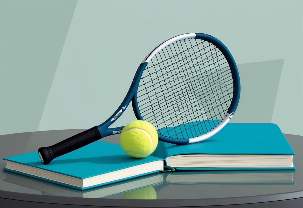 Ein Tennisschläger und ein Ball liegen auf einem Tisch neben einem Buch über mentales Training und Konzentrationsübungen. Die Szene ist ruhig und fokussiert, mit einem Gefühl von Entschlossenheit und Stärke.