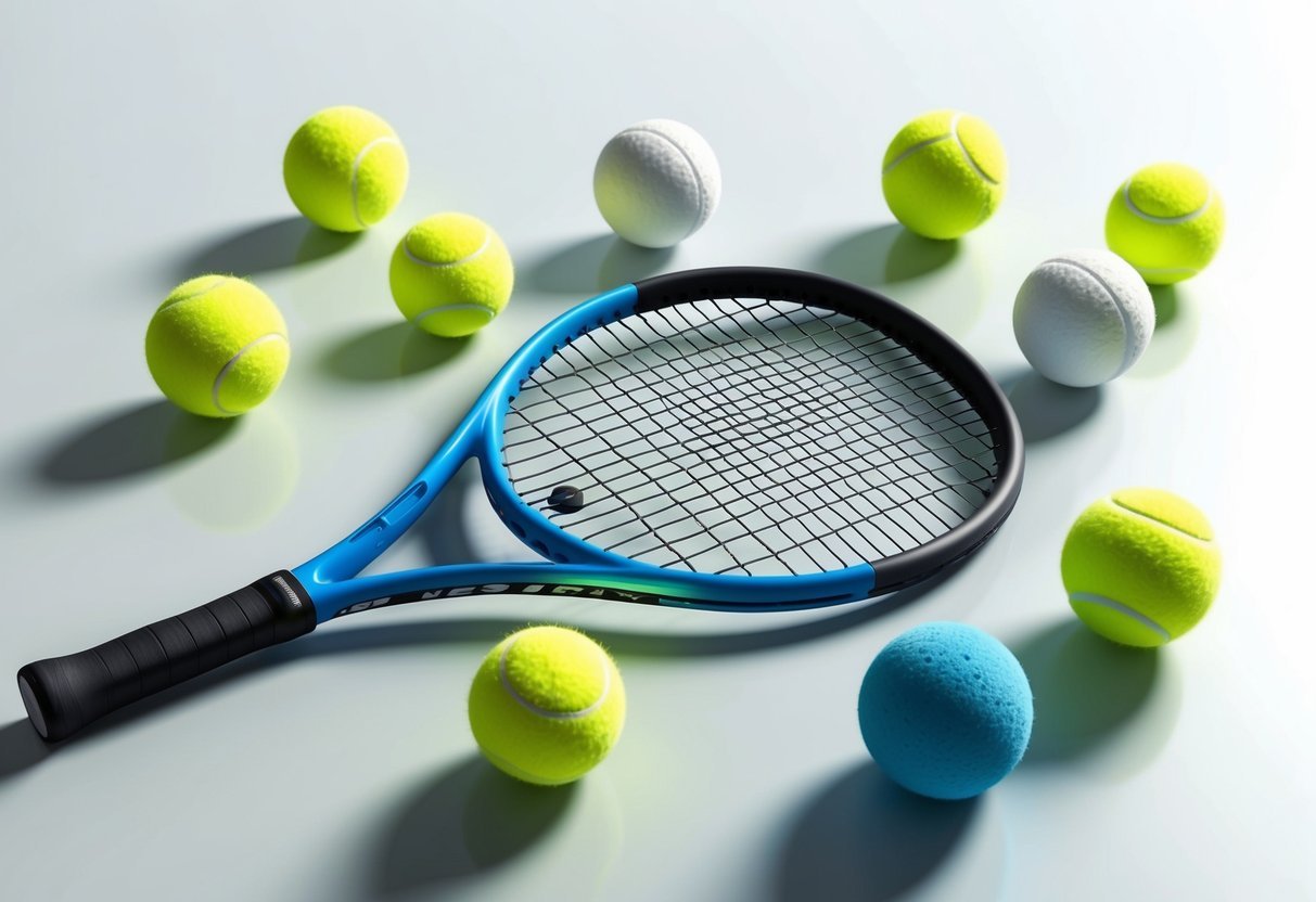 Ein Tennisschläger umgeben von verschiedenen Arten von Tennisbällen auf einer sauberen, gut beleuchteten Oberfläche