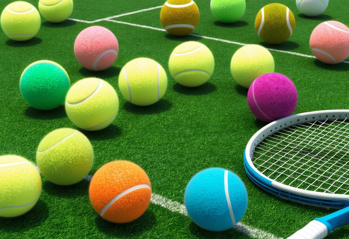 Eine Vielzahl von Tennisbällen, verstreut auf einem Rasenplatz, einige neu und lebhaft, andere abgenutzt und verblasst, mit einem Tennisschläger in der Nähe.