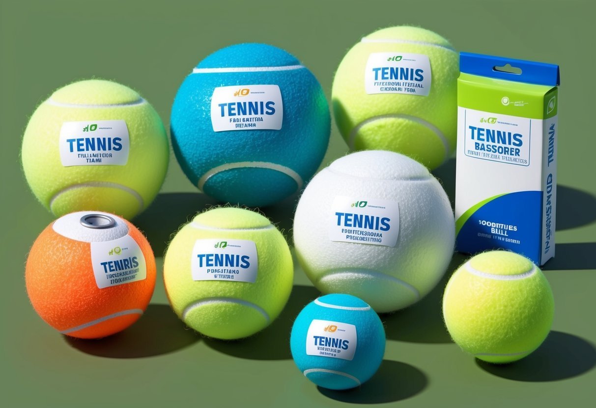 Eine Vielzahl von Tennisbällen in verschiedenen Farben und Verpackungen, mit Etiketten, die ihre spezifischen Eigenschaften und Eignung für verschiedene Arten von Tennistraining und -spielen anzeigen.