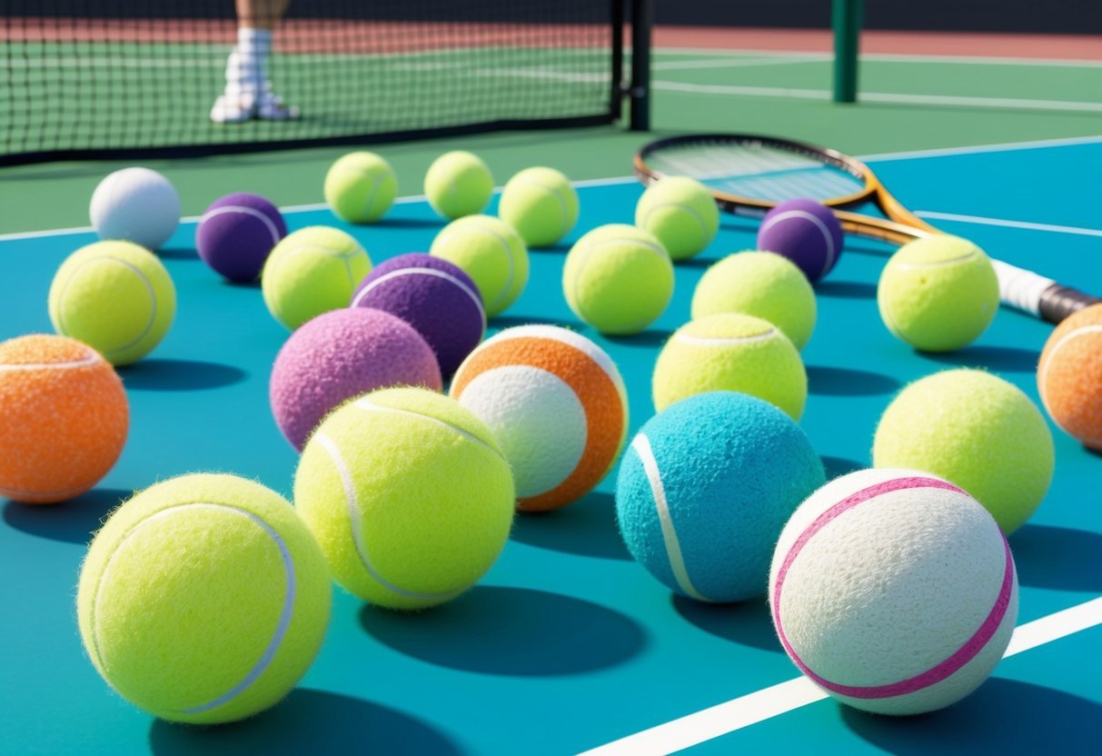 Eine Vielzahl von Tennisbällen in verschiedenen Farben und Größen, einige mit sichtbarem Verschleiß, verstreut über einen Tennisplatz mit einem Schläger und einem Netz im Hintergrund.
