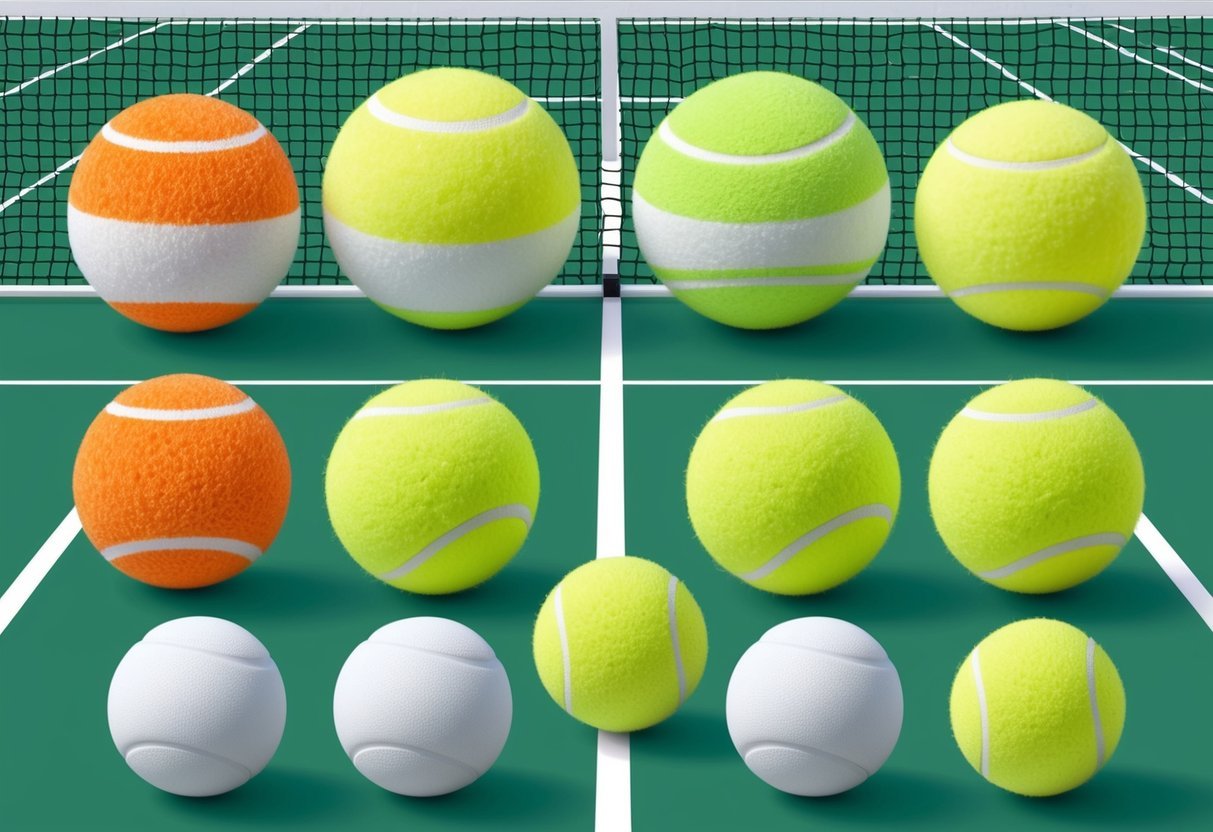 Eine Vielzahl von Tennisbällen, die auf einem Platz angeordnet sind, wobei einige für das Training und andere für ein Match verwendet werden, um die Unterschiede in Qualität und Leistung zu zeigen.