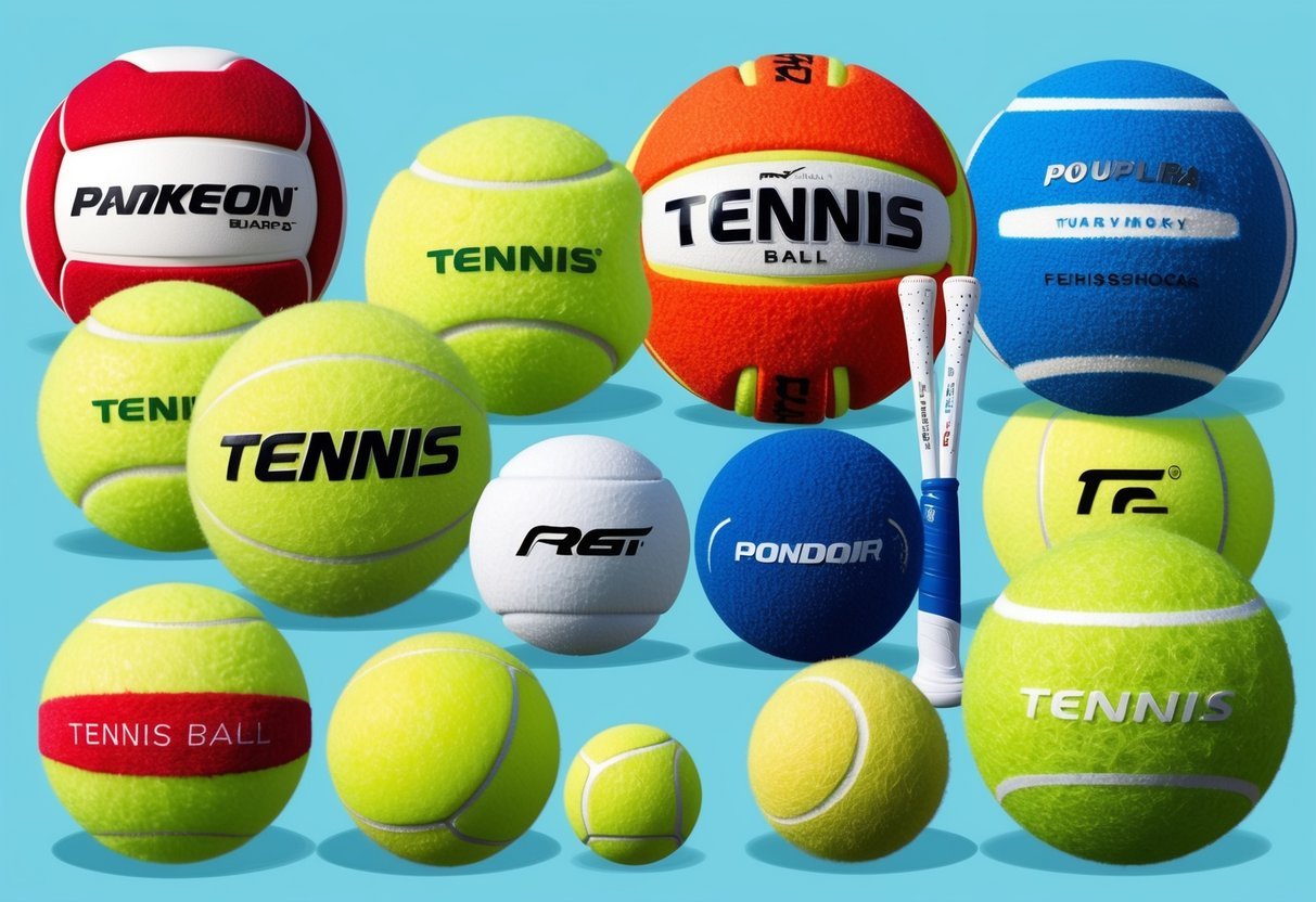 Eine Vielzahl von beliebten Tennisballmarken und -modellen, deren Unterschiede hervorgehoben werden, geeignet für Tennistraining und -spiele.