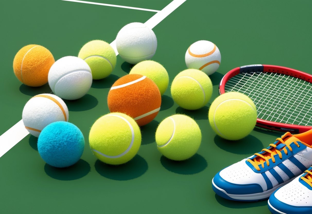 Eine Vielzahl von Tennisbällen in verschiedenen Farben und Größen, einige neu und andere abgenutzt, verteilt auf einem Tennisplatz mit einem Schläger und Tennisschuhen in der Nähe.