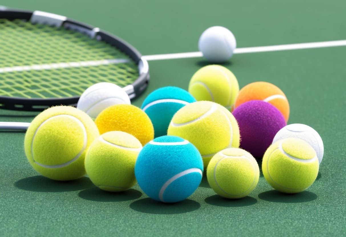 Eine Vielzahl von Tennisbällen in verschiedenen Farben und Größen, die auf einem Tennisplatz verstreut sind, mit einem Tennisschläger und einem Tennisnetz im Hintergrund.