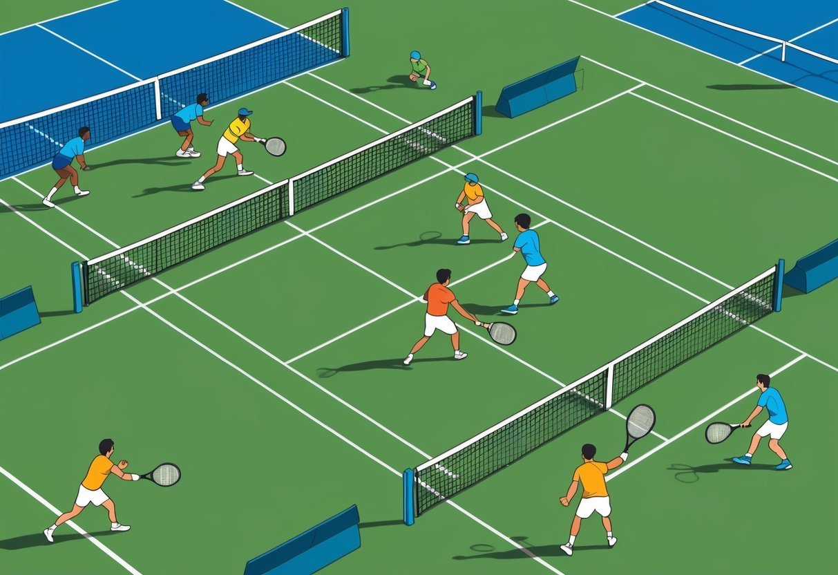 Ein Tennisplatz mit Spielern, die grundlegende Taktiken für Einzel- und Doppelspiele ausführen, wobei Strategie und Präzision betont werden.