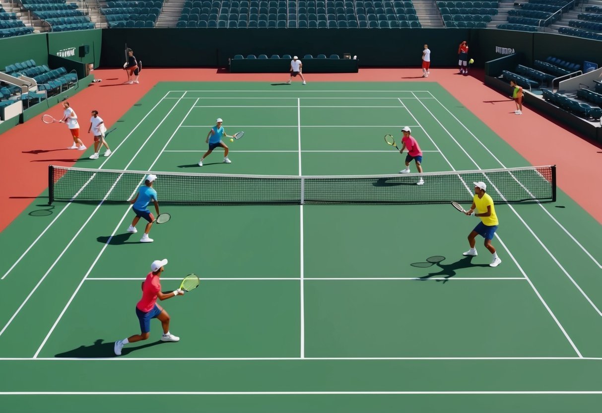 Ein Tennisplatz mit Spielern, die fortgeschrittene Techniken und Taktiken für Einzel- und Doppelspiele ausführen.