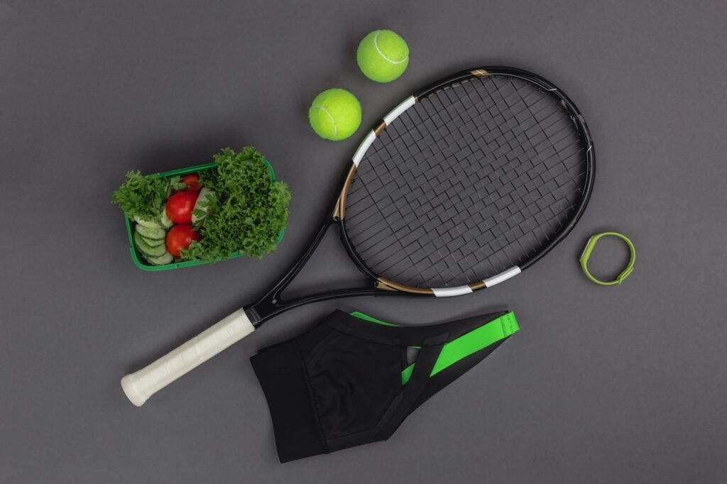 Top view of tennis racquet and balls, sportswear, fitness tracker and healthy vegetable salad