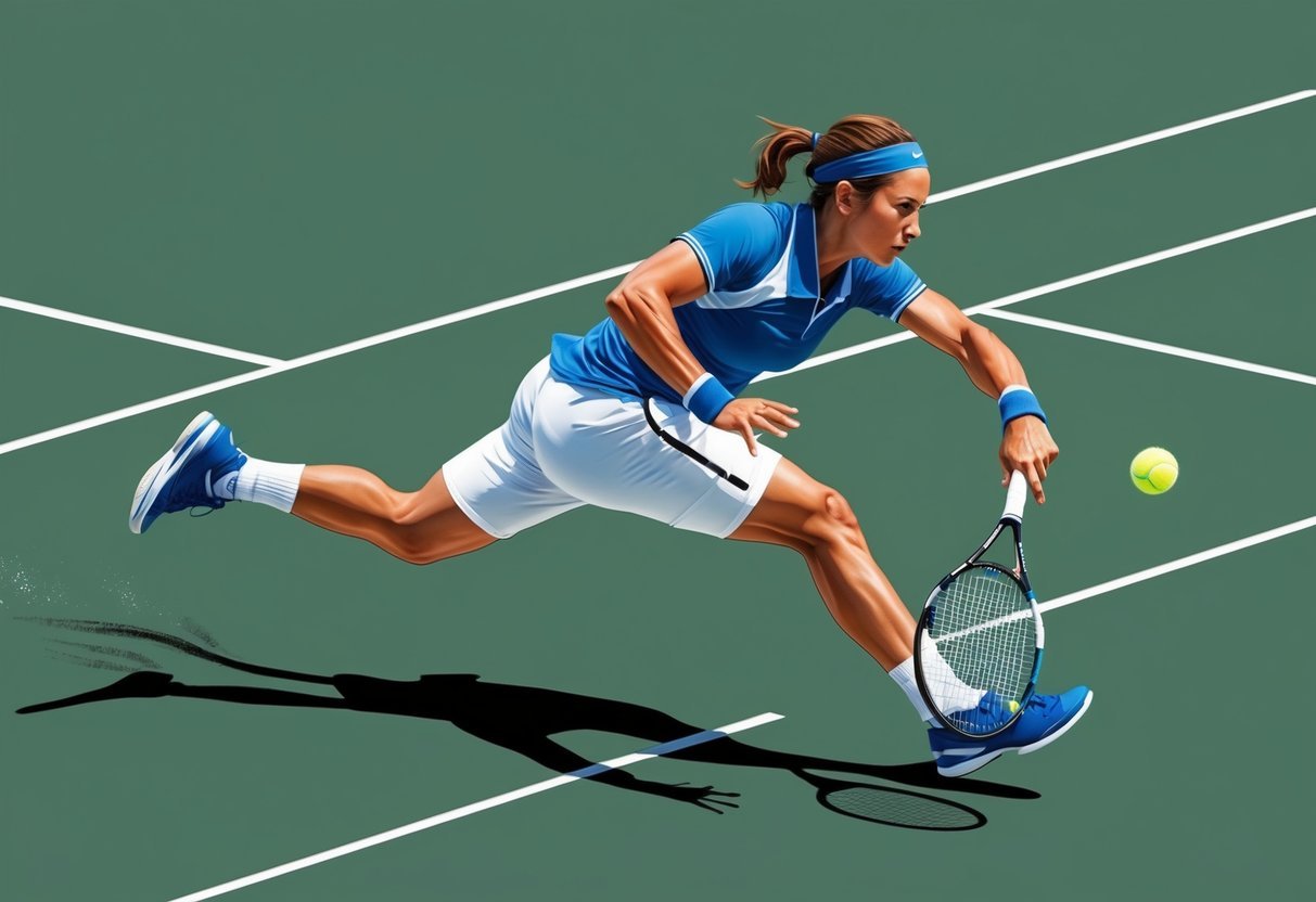 Ein Tennisspieler bewegt sich schnell über den Platz und positioniert sich für einen kraftvollen Schlag. Seine Füße drehen sich und gleiten mit Präzision und Agilität.