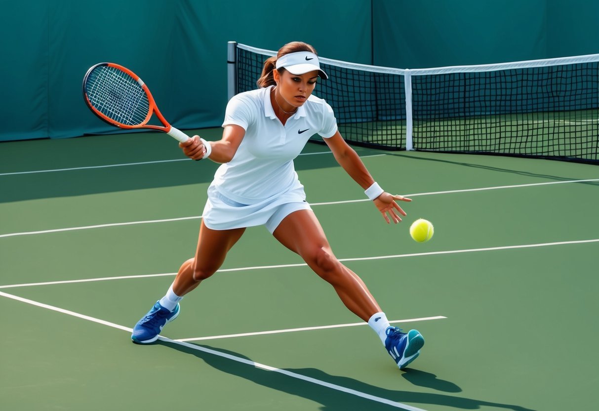 Ein Tennisspieler bewegt sich schnell über den Platz, passt seine Haltung und Fußarbeit an, um sich auf einen kraftvollen Schlag vorzubereiten.