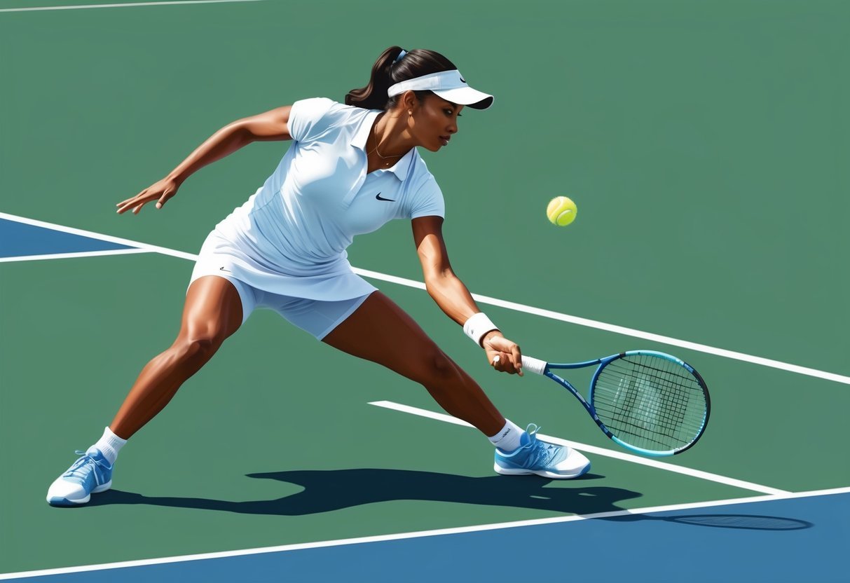 Ein Tennisspieler bewegt sich schnell über den Platz und passt seine Haltung an, um sich auf einen kraftvollen Schlag vorzubereiten. Seine Füße drehen sich und gleiten mit Präzision.