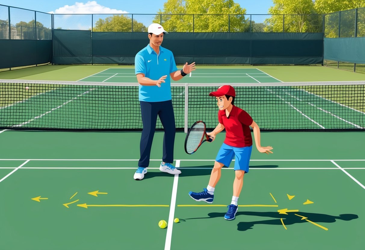 Ein Anfänger-Tennisspieler übt grundlegende Übungen auf einem sonnigen Platz mit einem Trainer und konzentriert sich auf Fußarbeit und Schlägerkontrolle.