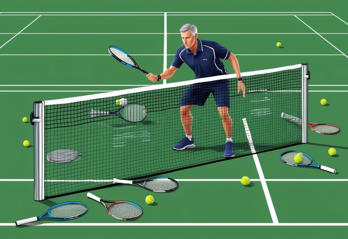 Ein Tennisplatz mit einem Trainer, der Anfängerdemos und Übungen zur Spielvorbereitung vorführt. Tennisschläger und Bälle liegen verstreut auf dem Boden.