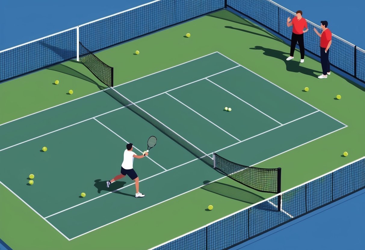 Ein Tennisplatz mit einem Anfänger, der grundlegende Schläge übt, einem Trainer, der Anweisungen gibt, und Tennisbällen, die über den Platz verstreut sind.