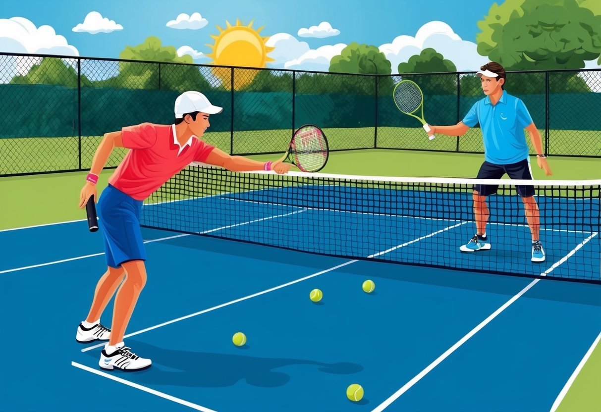 Ein Anfänger-Tennisspieler, der grundlegende Übungen auf einem sonnigen Platz mit einem Trainer, der ihn anleitet, übt.