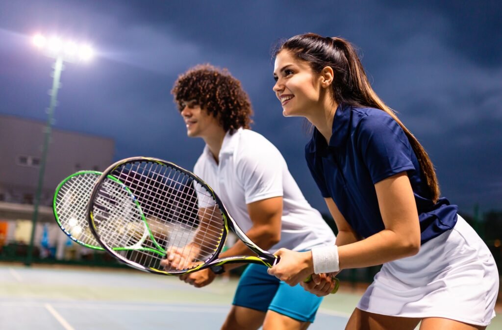 Young couple on tennis court. Handsome man and attractive woman are playing tennis